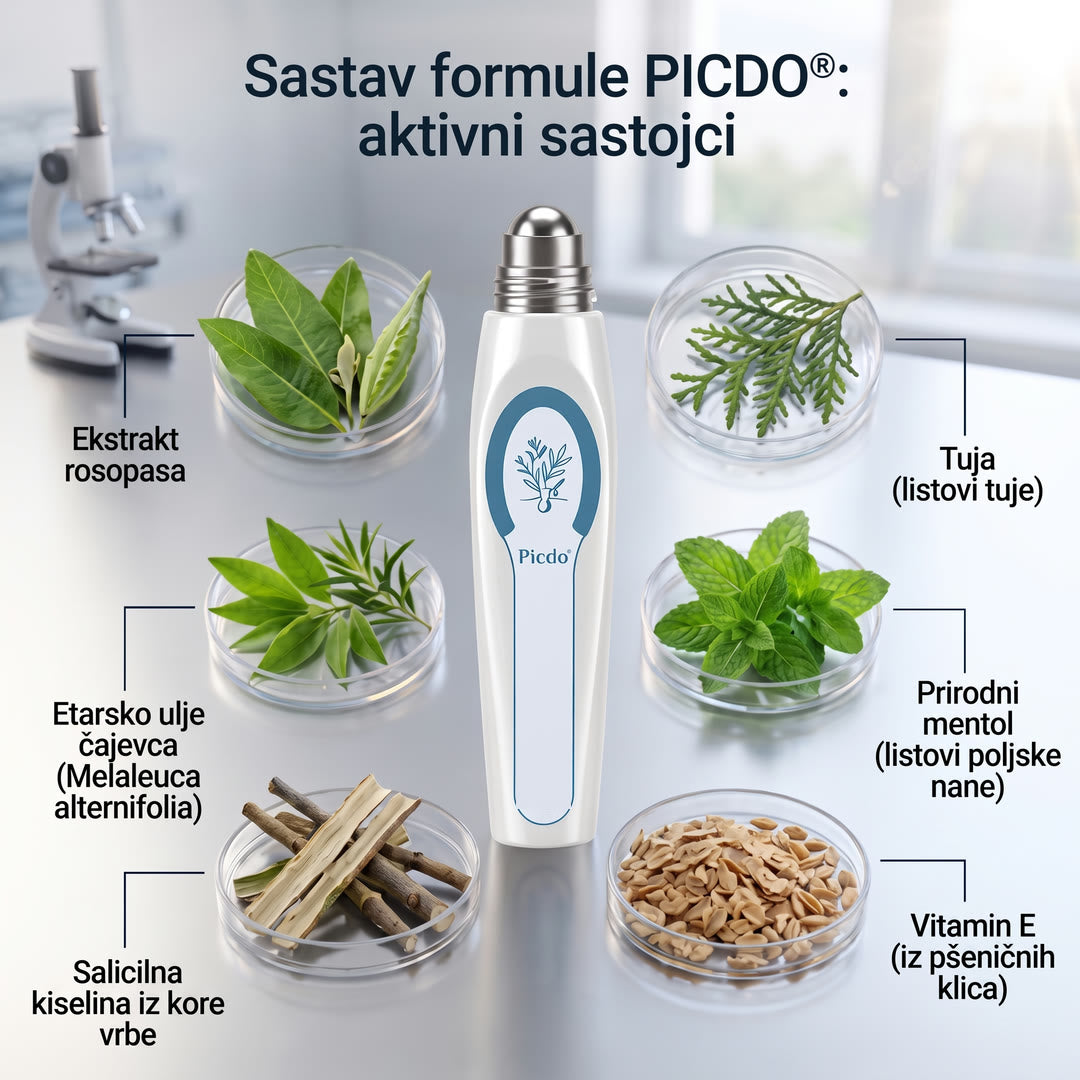 Sastav formule Picdo®: salicilna kiselina, tuja, čajevac, mentol, vitamin E, rosopas